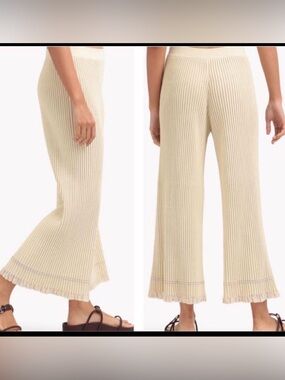 Theory Crema Cream Ottoman Ribbed Knit Wide-Leg Culotte Pants Size L